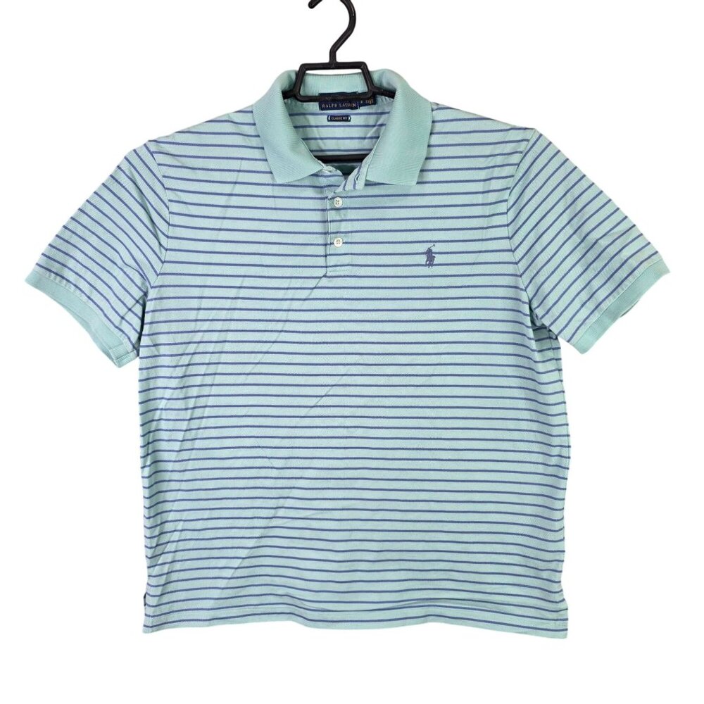 Mens Ralph Lauren Classic Fit Blue Striped Polo Shirt Short Sleeve Cotton Size L